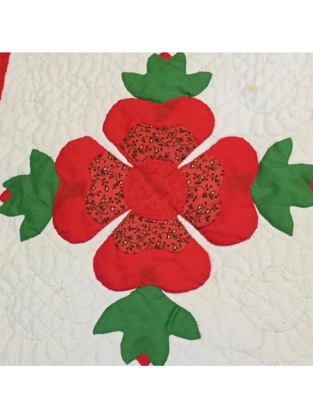 Vintage Handmade Applique Quilt Queen Red Hand Quilted Floral Folk Art Cottage